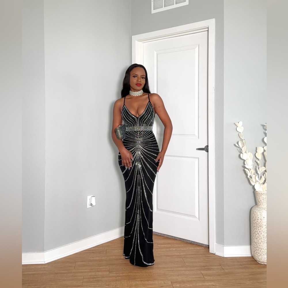 Black Plunge Neck Dress